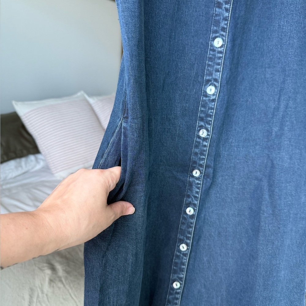Soft Surroundings Denim Short Sleeve Button Shirt Dress Womens S Blue Midi Slit - Picture 5 of 14